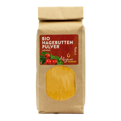 Allgäuer Ölmühle Bio Hagebuttenpulver 500g mit Sichtfenster auf das Pulver, freigestellt vor weißem Hintergrund.