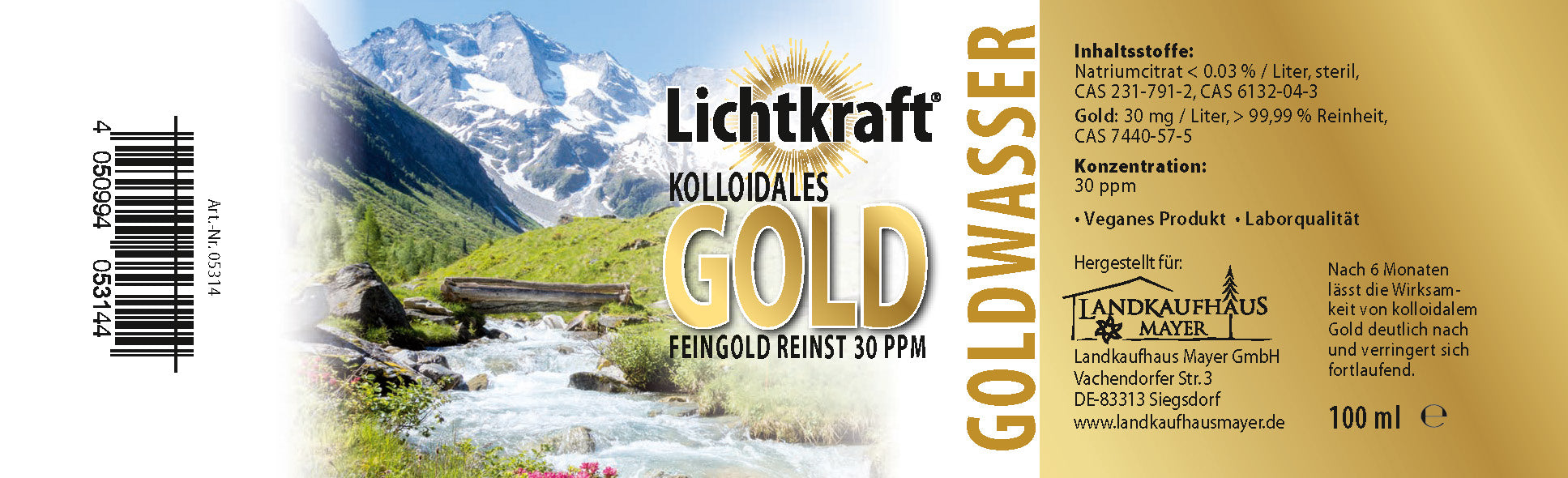 Lichtkraft Goldwasser 30ppm (Kolloidales Gold) 100ml