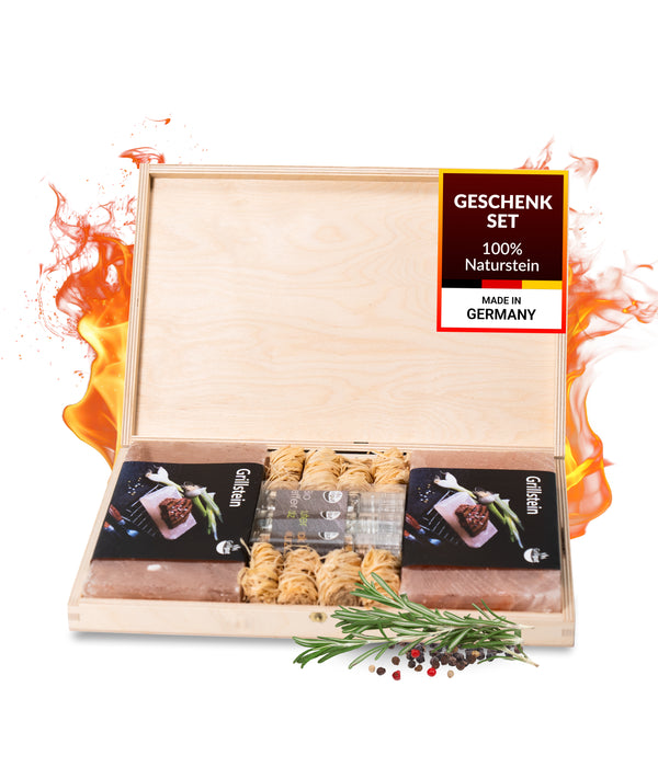 Grill Holzbox mit Salzgrillstein - das besondere Geschenkset