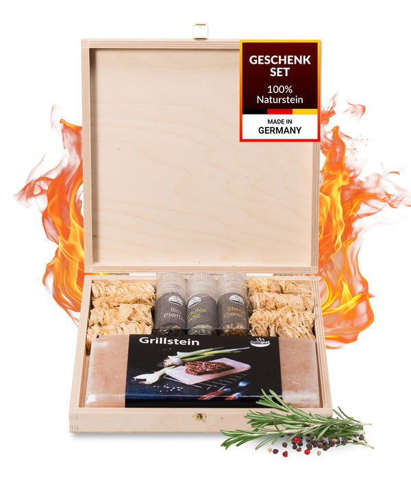 Grill Holzbox mit Salzgrillstein - das besondere Geschenkset