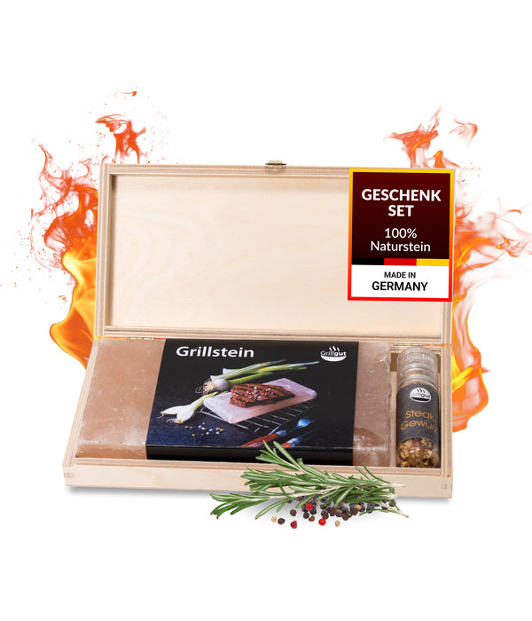 Grill Holzbox mit Salzgrillstein - das besondere Geschenkset