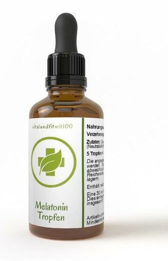 Flasche Melatonin-Tropfen mit natürlichen Vanille-Aroma. Hochwertiges Mittel aus Deutschland für einen erholsamen Schlaf.