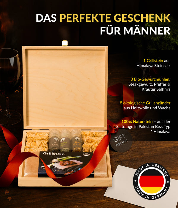 Grill Holzbox mit Salzgrillstein - das besondere Geschenkset
