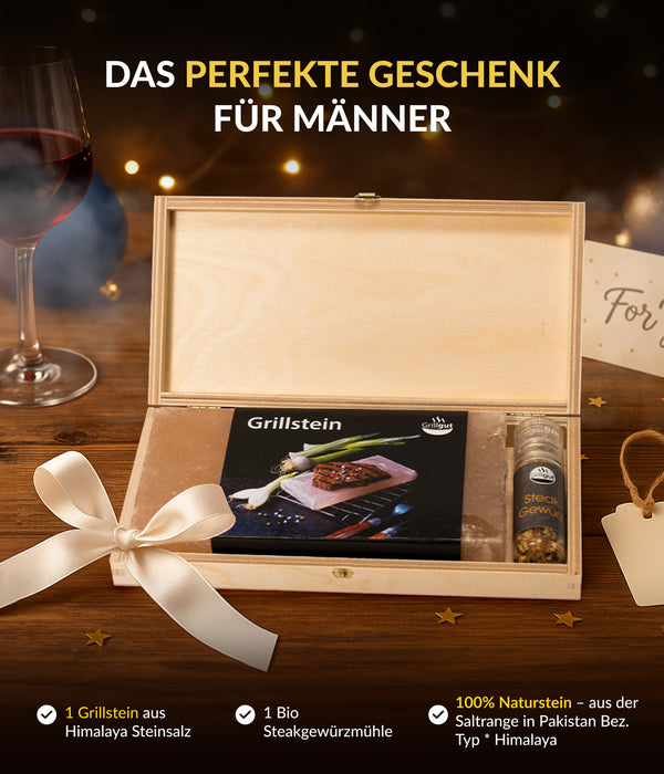 Grill Holzbox mit Salzgrillstein - das besondere Geschenkset