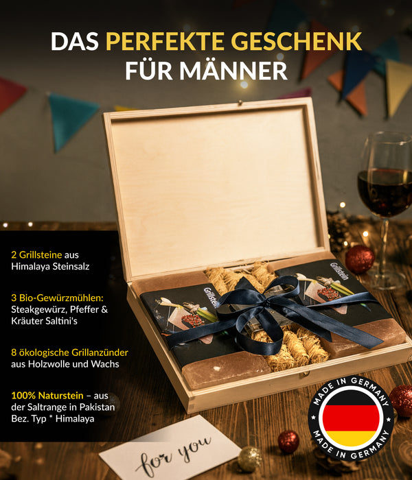 Grill Holzbox mit Salzgrillstein - das besondere Geschenkset
