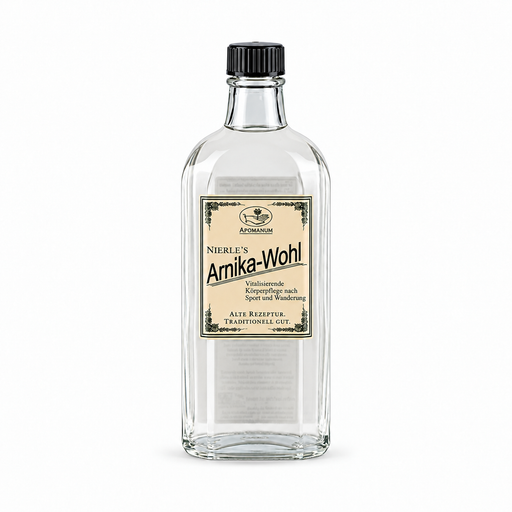 Apomanum Nierle’s Arnika-Wohl in klarer Glasflasche mit schwarzem Schraubverschluss und historischem Etikett, freigestellt vor weißem Hintergrund.