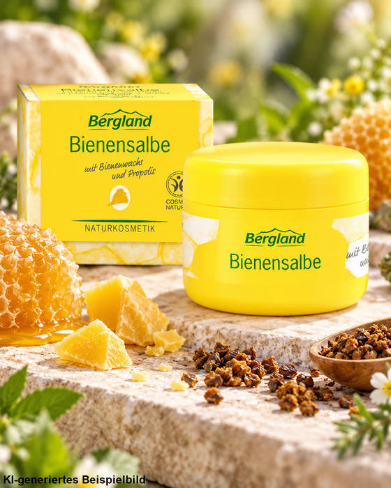 Bergland Bienensalbe 30 ml mit Originalverpackung, dekoriert mit Bienenwachs, Honigwabe, Propolis und frischen Blüten auf hellem Naturstein.