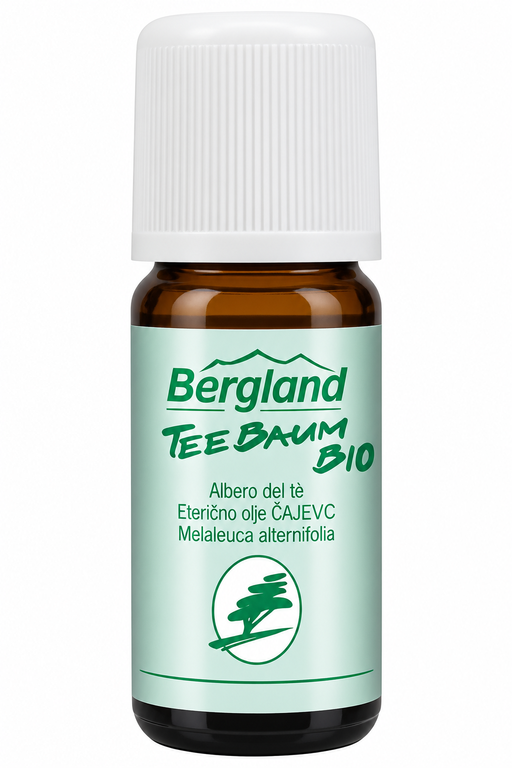 Bergland Bio Teebaumöl in brauner Glasflasche mit weißem Schraubverschluss und grün-weißem Etikett, freigestellt vor weißem Hintergrund.