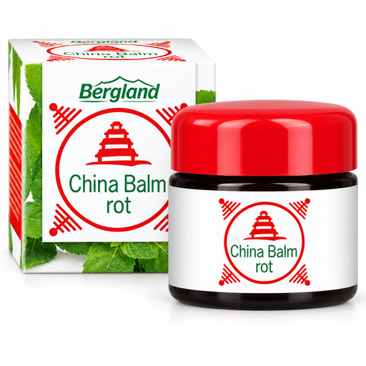 Bergland China Balm rot im dunklen Tiegel mit rotem Deckel und passender Faltschachtel, freigestellt vor weißem Hintergrund.