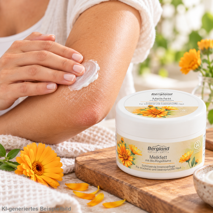 Bergland Melkfett mit Bio-Ringelblume 200 ml in weißer Cremedose auf einem Holzbrett, während eine Person die Creme auf einen trockenen, beanspruchten Ellenbogen aufträgt, umgeben von orangefarbenen Ringelblumen und weichen Handtüchern in natürlichem Pflegeambiente.