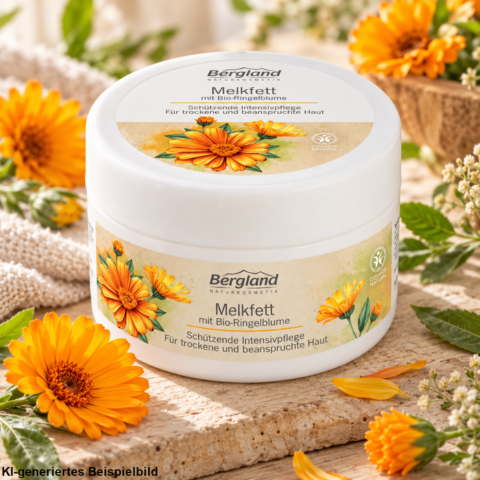 Bergland Melkfett mit Bio-Ringelblume 200 ml in weißer Cremedose mit Ringelblumenmotiv auf heller Steinoberfläche, umgeben von leuchtend orangefarbenen Ringelblumen, grünen Blättern und weichen Handtüchern im warmen Sonnenlicht.
