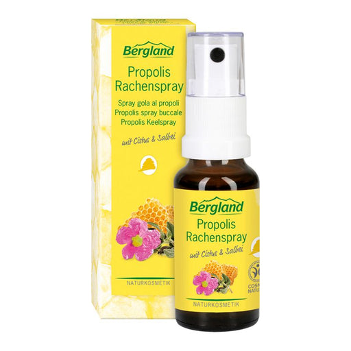 Bergland Propolis Rachenspray 20ml mit Verpackung freigestellt vor weißem Hintergrund.