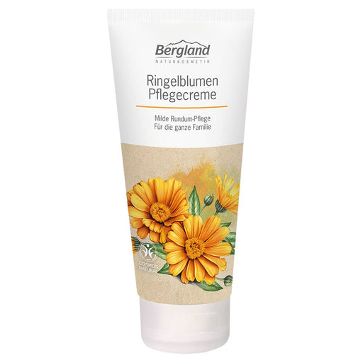 Bergland Ringelblumen Pflegecreme 100 ml in weißer Tube mit Ringelblumenmotiv und COSMOS-NATURAL-Siegel, freigestellt vor weißem Hintergrund.