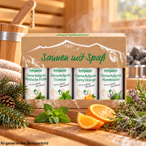 Bergland Sauna-Aufguss Geschenkset „Saunen mit Spaß“ mit vier Sorten, dekoriert mit Fichtenzweigen, Minze, Orange und Alpenkräutern in natürlicher Sauna-Atmosphäre.