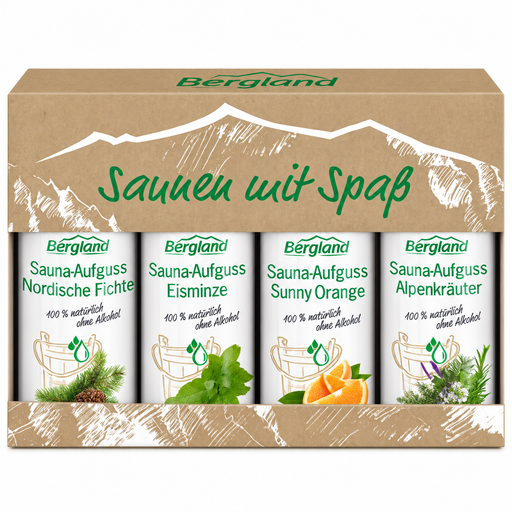 Bergland „Saunen mit Spaß“ Geschenkset mit vier Sauna-Aufgüssen in den Sorten Nordische Fichte, Eisminze, Sunny Orange und Alpenkräuter, 100 % natürlich und ohne Alkohol.