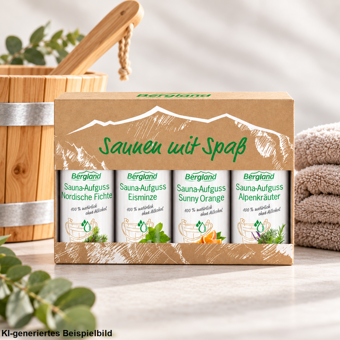 Bergland „Saunen mit Spaß“ Geschenkset mit vier Sauna-Aufgüssen vor hellem Hintergrund, arrangiert mit Saunaeimer, Handtüchern und Eukalyptuszweigen.