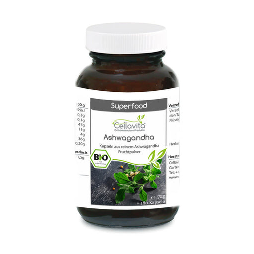 Cellavita Bio Ashwagandha mit 180 Kapseln und 72 g Inhalt im Braunglas mit weißem Schraubverschluss und Bio-Produktetikett vor weißem Hintergrund.