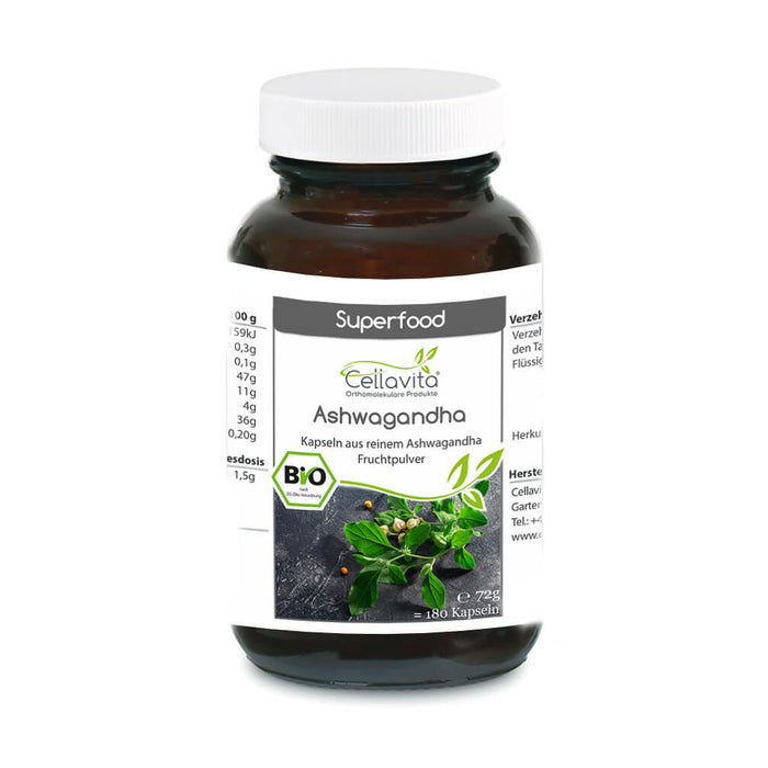 Cellavita Bio Ashwagandha mit 180 Kapseln und 72 g Inhalt im Braunglas mit weißem Schraubverschluss und Bio-Produktetikett vor weißem Hintergrund.