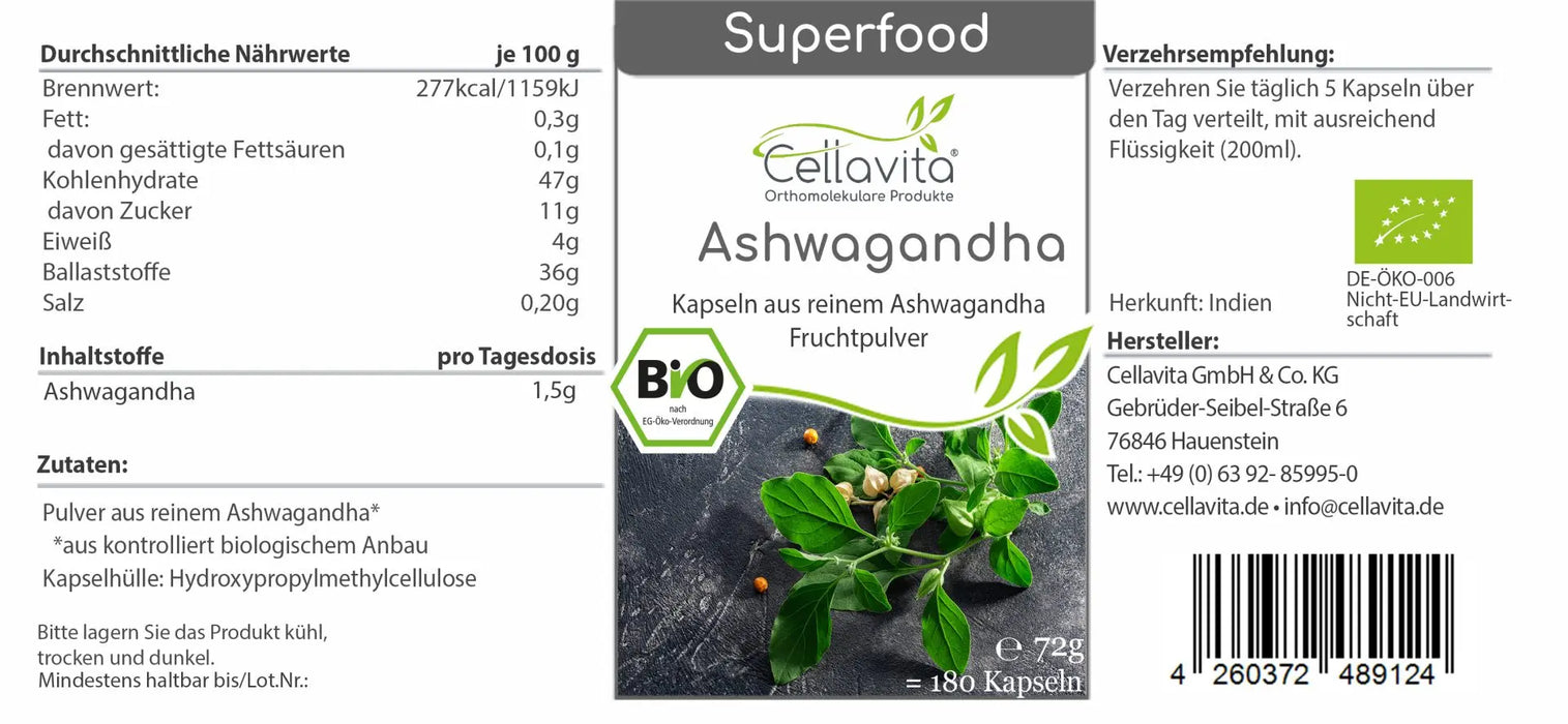 Cellavita Bio Ashwagandha mit 180 Kapseln und 72 g Inhalt, Produktetikett mit Nährwertangaben, Zutaten, Verzehrempfehlung, Bio-Siegel und Herkunft Indien.