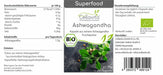 Cellavita Bio Ashwagandha mit 180 Kapseln und 72 g Inhalt, Produktetikett mit Nährwertangaben, Zutaten, Verzehrempfehlung, Bio-Siegel und Herkunft Indien.
