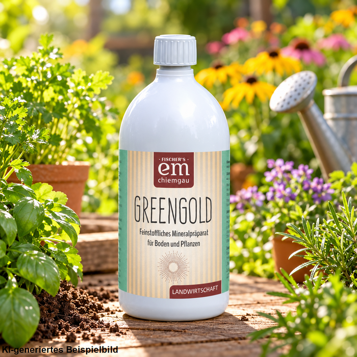 EM Chiemgau GREENGOLD 1 Liter in weißer Flasche mit grünem Etikett auf rustikalem Holztisch, umgeben von frischen Kräutern, blühenden Gartenpflanzen, gelben Sonnenhutblüten und einer Gießkanne im Hintergrund.