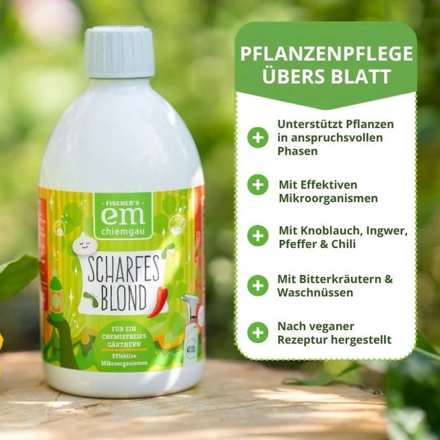 EM Chiemgau Scharfes Blond 500 ml mit Übersicht zur Pflanzenpflege übers Blatt, Effektiven Mikroorganismen sowie pflanzlichen Bestandteilen wie Knoblauch, Ingwer, Pfeffer und Chili.
