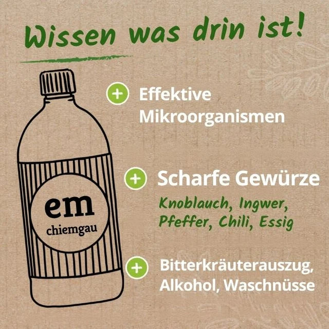 Übersicht der Inhaltsstoffe von EM Chiemgau Scharfes Blond mit Effektiven Mikroorganismen, Knoblauch, Ingwer, Pfeffer, Chili, Essig, Bitterkräuterauszug, Alkohol und Waschnüssen.