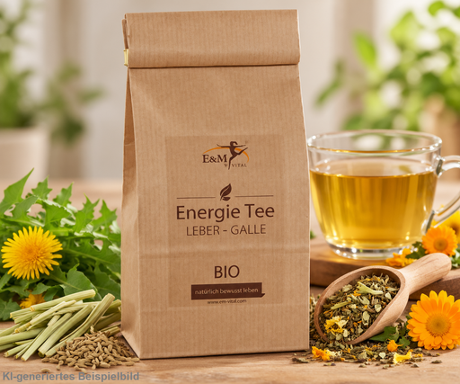 E&M Vital Energie Tee Leber-Galle Bio in brauner Kraftpapierverpackung, dekoriert mit Löwenzahn, Fenchel, Lemongras, Ringelblumen, Kümmel und einer Tasse Kräutertee.