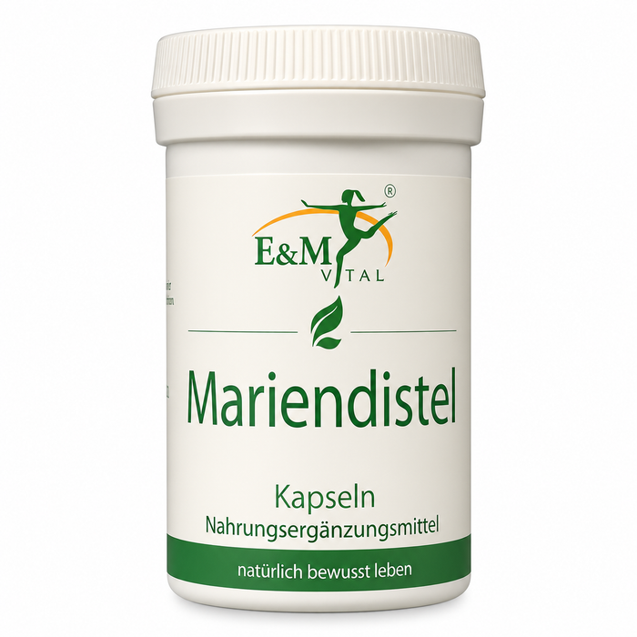 E&M Vital Mariendistel Kapseln in weißer Dose mit grünem Etikett und Schraubverschluss, freigestellt vor weißem Hintergrund. Nahrungsergänzungsmittel mit Mariendistel.