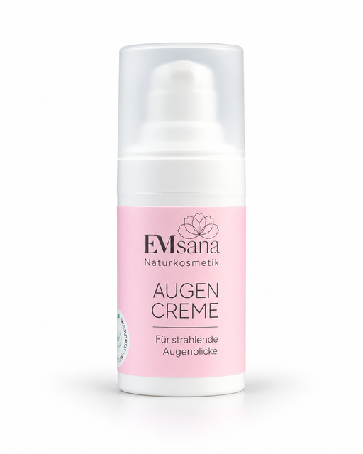 EMsana Augencreme Naturkosmetik im weißen Airless-Spender mit rosa Etikett als freigestelltes Produktbild vor hellem Hintergrund.