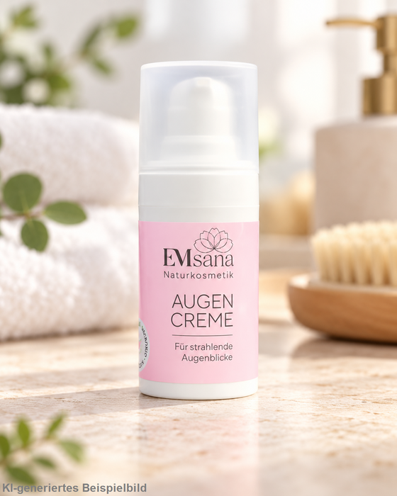 EMsana Augencreme Naturkosmetik auf hellem Naturstein in einem freundlichen Spa-Ambiente mit weichen Handtüchern und grünen Pflanzen.