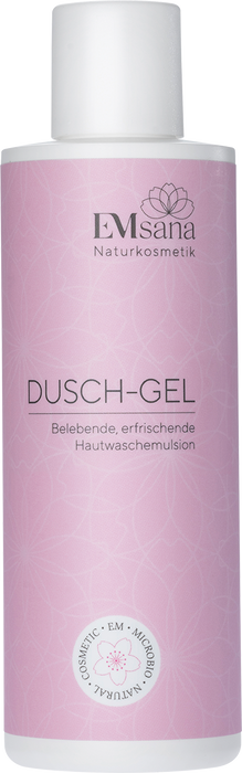 EMsana Dusch-Gel 200 ml in rosafarbener Flasche mit weißem Verschluss und Naturkosmetik-Siegel, freigestellt.
