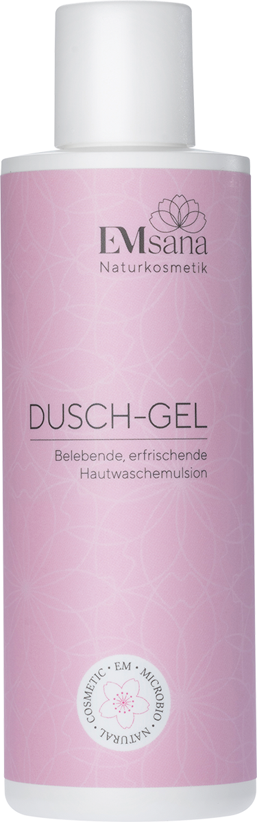 EMsana Dusch-Gel 200 ml in rosafarbener Flasche mit weißem Verschluss und Naturkosmetik-Siegel, freigestellt.