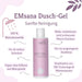 EMsana Dusch-Gel 200 ml mit Übersicht der Produkteigenschaften wie sanfte Reinigung, 100 % Naturkosmetik, vegane Rezeptur, EM-Technologie und Blütenessenzen.