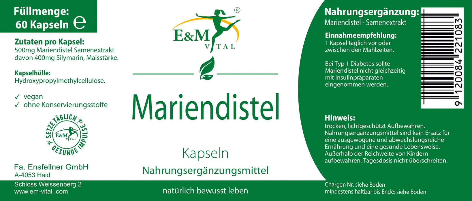 E&M Vital Mariendistel Kapseln Etikett mit Zutaten, Hinweise und Empfehlungen. 