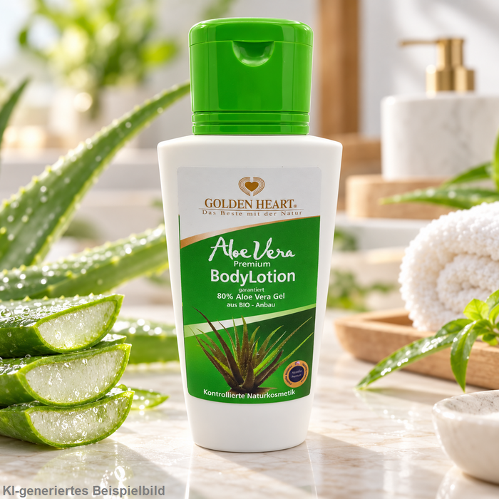 Golden Heart Aloe Vera Premium BodyLotion mit 80 % Aloe Vera Gel aus Bio-Anbau in weißer Flasche mit grünem Klappverschluss auf heller Steinoberfläche, umgeben von frischen Aloe Vera Blättern, aufgeschnittenen Blattstücken mit transparentem Gel und natürlichen Steinen im warmen Sonnenlicht.