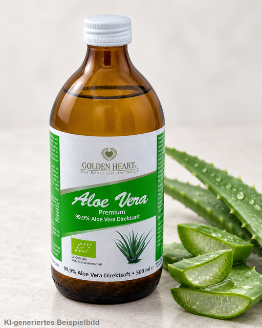 Golden Heart Aloe Vera Premium Direktsaft 500 ml neben frischen, aufgeschnittenen Aloe-Vera-Blättern mit sichtbarem Blattgel.