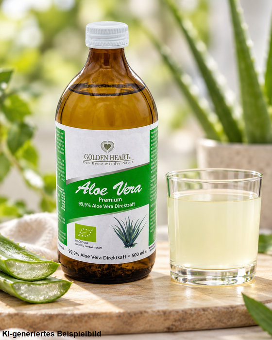 Golden Heart Aloe Vera Premium Direktsaft 500 ml mit einem Glas hellem Aloe-Vera-Saft und frischen Aloe-Vera-Blättern in natürlicher Umgebung.