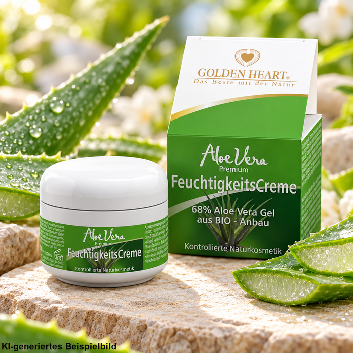 Golden Heart Aloe Vera Premium FeuchtigkeitsCreme mit 68 % Aloe Vera Gel aus Bio-Anbau, dargestellt mit Verpackung, Cremetiegel und frischen Aloe-Vera-Blättern in heller natürlicher Umgebung.