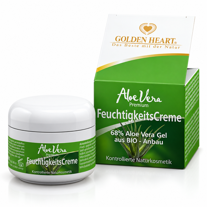 Golden Heart Aloe Vera Premium FeuchtigkeitsCreme mit 68 % Aloe Vera Gel aus Bio-Anbau, mit weißem Cremetiegel und grün-weißer Verpackung, freigestellt vor weißem Hintergrund.