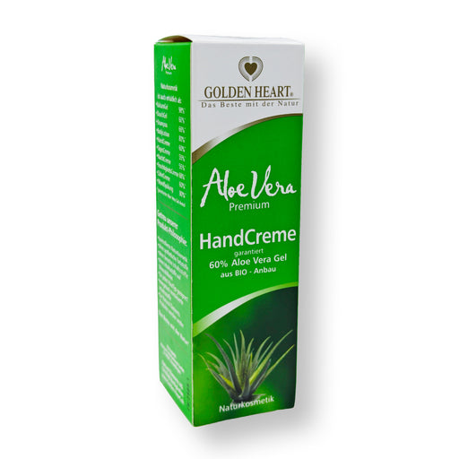 Golden Heart Aloe Vera Premium Handcreme mit garantiert 60 % Aloe Vera Gel aus Bio-Anbau in Originalverpackung freigestellt vor weißem Hintergrund.