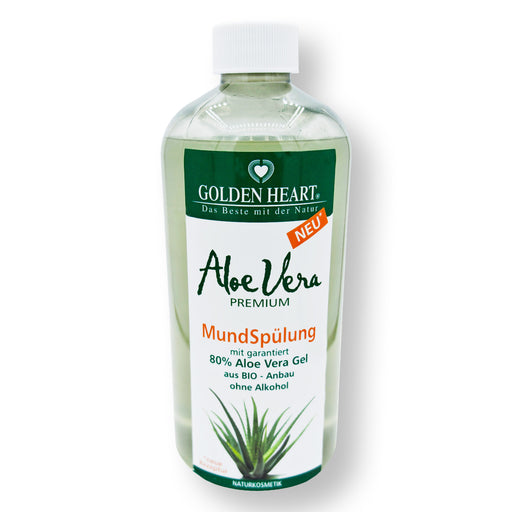 Golden Heart Aloe Vera Premium Mundspülung 500 ml mit garantiert 80 % Aloe Vera Gel aus Bio-Anbau, alkoholfrei, in transparenter Flasche mit grün-weißem Etikett vor weißem Hintergrund.