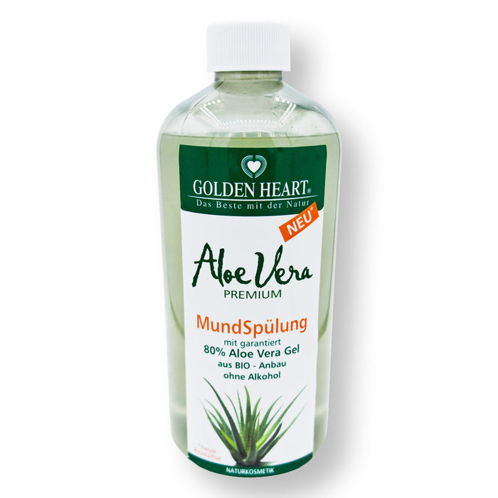 Golden Heart Aloe Vera Premium Mundspülung 500 ml mit garantiert 80 % Aloe Vera Gel aus Bio-Anbau, alkoholfrei, in transparenter Flasche mit grün-weißem Etikett vor weißem Hintergrund.