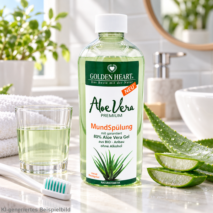 Golden Heart Aloe Vera Premium Mundspülung 500 ml auf heller Marmoroberfläche im Badezimmer, umgeben von frischen Aloe-Vera-Blättern, weichen Handtüchern, Natursteinen und Zahnbürsten.