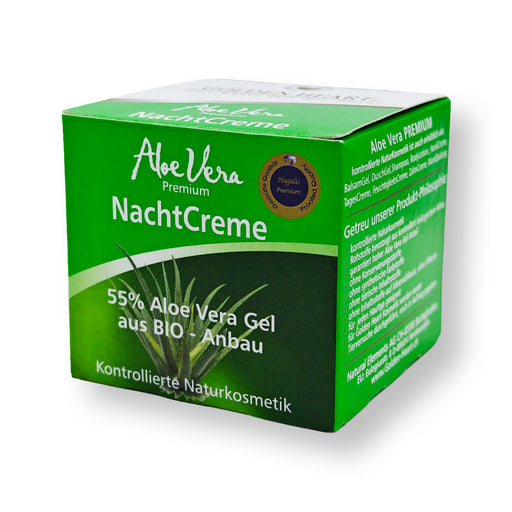 Golden Heart Aloe Vera Premium Nachtcreme 50 ml mit 55 % Aloe Vera Gel aus Bio-Anbau mit Originalverpackung vor weißem Hintergrund.