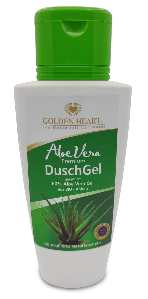 Golden Heart Aloe Vera Premium DuschGel mit 60 % Aloe Vera Gel aus Bio-Anbau in weißer Flasche mit grünem Klappverschluss und grün-weißem Originaletikett mit Aloe Vera Motiv, freigestellt vor weißem Hintergrund.