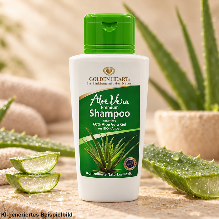 Golden Heart Aloe Vera Premium Shampoo mit frischen Aloe-Vera-Blättern auf hellem Naturhintergrund.