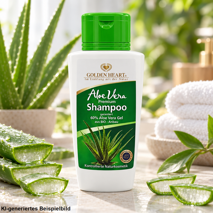 Golden Heart Aloe Vera Premium Shampoo in einer Spa-Szene mit Aloe-Vera-Stücken und weißen Handtüchern.