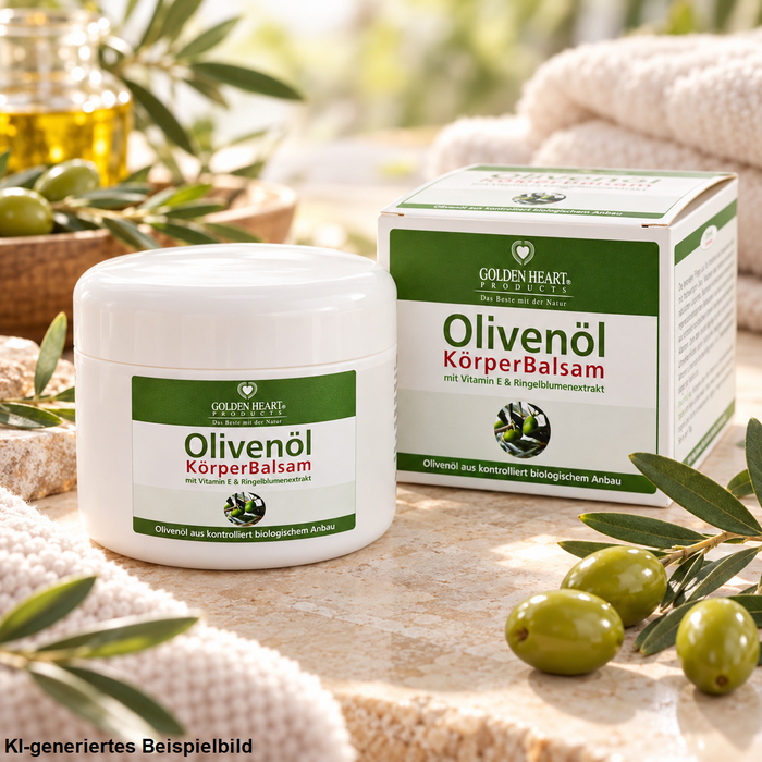 Golden Heart Olivenöl Körperbalsam 250 ml mit Vitamin E und Ringelblumenextrakt, weiße Cremedose Originalverpackung auf heller Steinoberfläche, umgeben von grünen Oliven, Olivenzweigen und weichen Handtüchern.