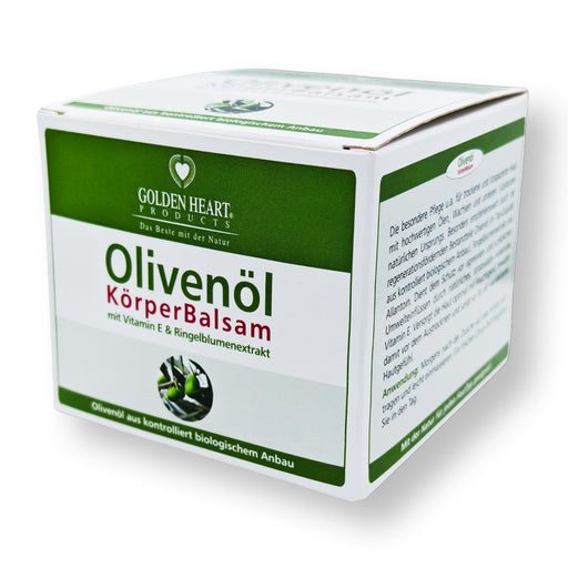 Golden Heart Olivenöl Körperbalsam 250 ml mit Vitamin E und Ringelblumenextrakt, grün-weiße Originalverpackung mit Olivenmotiv und seitlicher Produktbeschreibung, freigestellt vor weißem Hintergrund.